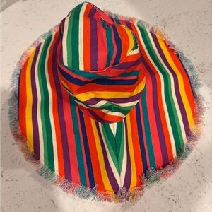 Frances Valentine Hat Wide Brim Canvas Fringe Sun Floppy Striped Multicolor